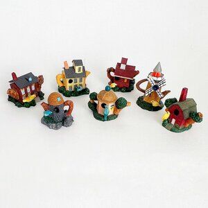 7 Fairy Garden Tiny Miniature Resin Houses w/ Lids and Birds Variety of Shapes